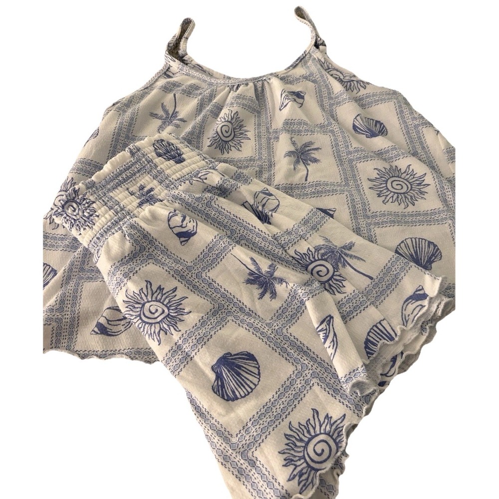 Pajama Set Women Small Oversized Tropical Shell Print 2pc Soft &Comfy White Blue